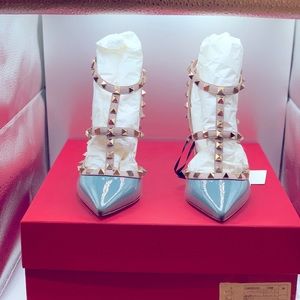 New Valentino Rockstud Heels, Patent Leather Teal, Size 38